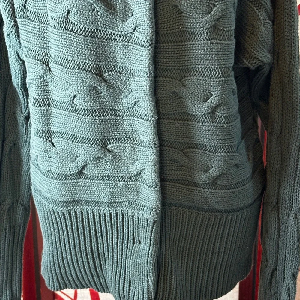 Talbots Green Chunky Cable Knit Convertible Collar Snap Front Cardigan Sweater M